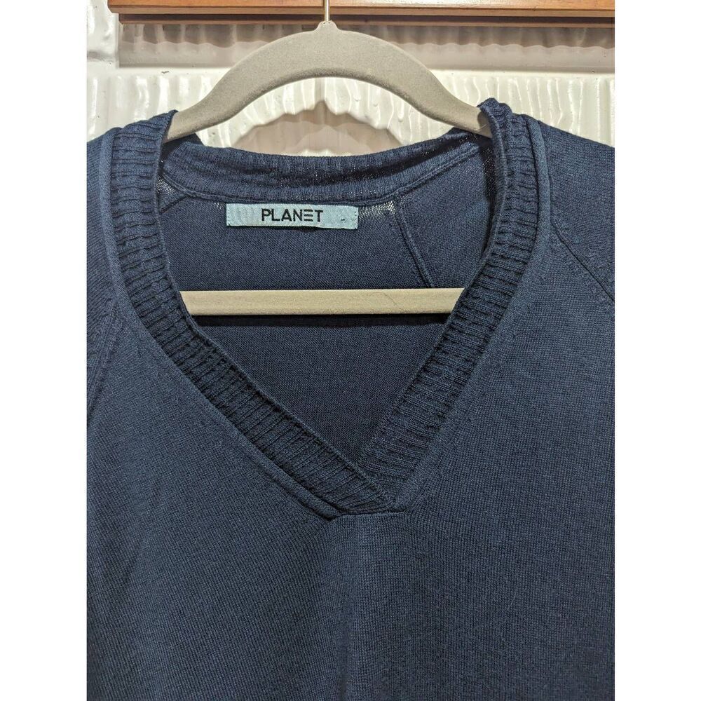 Planet Womens Blue Raglan Sleeves Wide Box Pleat Bottom V-Neck Sweater One Size - Picture 2 of 8